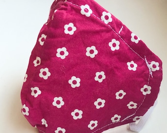 Small White Flowers on Berry Face Mask - adjustable nose and ear loops