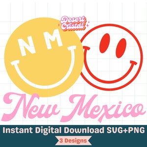 Könnte beinhalten: Ein digitaler Download von zwei Smiley-Designs. Eines ist gelb mit den Buchstaben "NM" darin und das andere ist rot. Der Text "New Mexico" ist in Pink unter den Smileys. Der Text "Sofortiger digitaler Download SVG+PNG 3 Designs" befindet sich am unteren Rand des Bildes.