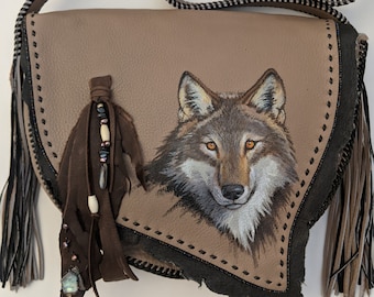 Leather Hand Painted Wolf Bag