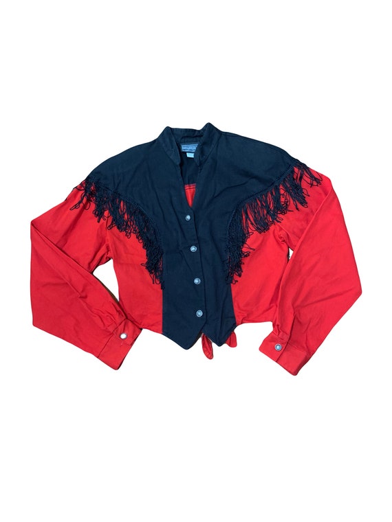 1980s Vintage Western Red and Black Cropped Fring… - image 1