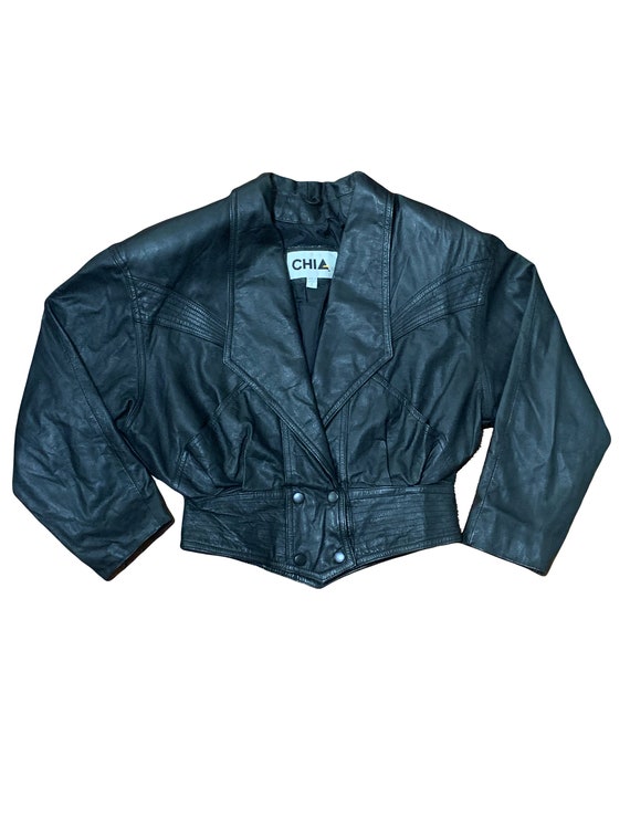 Vintage 1980s CHIA Black Leather Cropped Moto Dolm