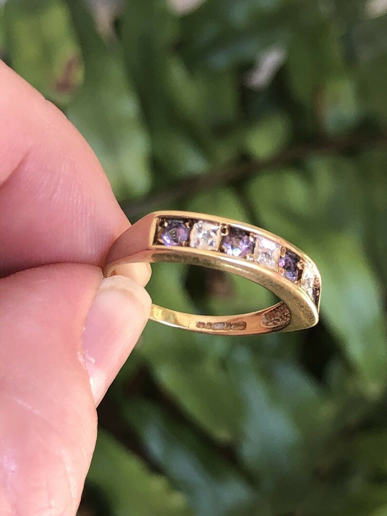 Vintage half eternity amethyst diamond ring 9k 9ct gold size 7.5 PURPLE RAIN