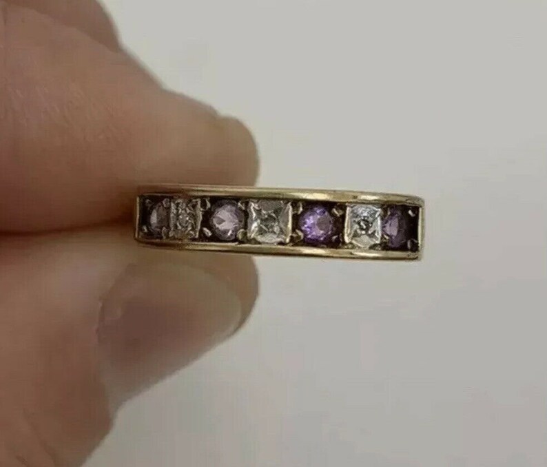 Vintage half eternity amethyst diamond ring 9k 9ct gold size 7.5 PURPLE RAIN