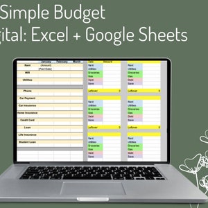 May include: A laptop screen displaying a simple budget spreadsheet template for Excel and Google Sheets. The spreadsheet is divided into categories for expenses, such as rent, utilities, groceries, gas, debt, and savings. The spreadsheet also includes a section for leftover funds.
