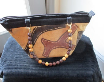 Vintage Kuba Cloth Handbag with Beaded Double Handles