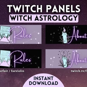 Puede incluir: Cuatro paneles de Twitch con un tema de astrología de brujas. Dos paneles presentan un fondo morado con un sobre blanco y el texto "Reglas". Los otros dos paneles presentan un fondo negro con una vela azul y el texto "Acerca de".