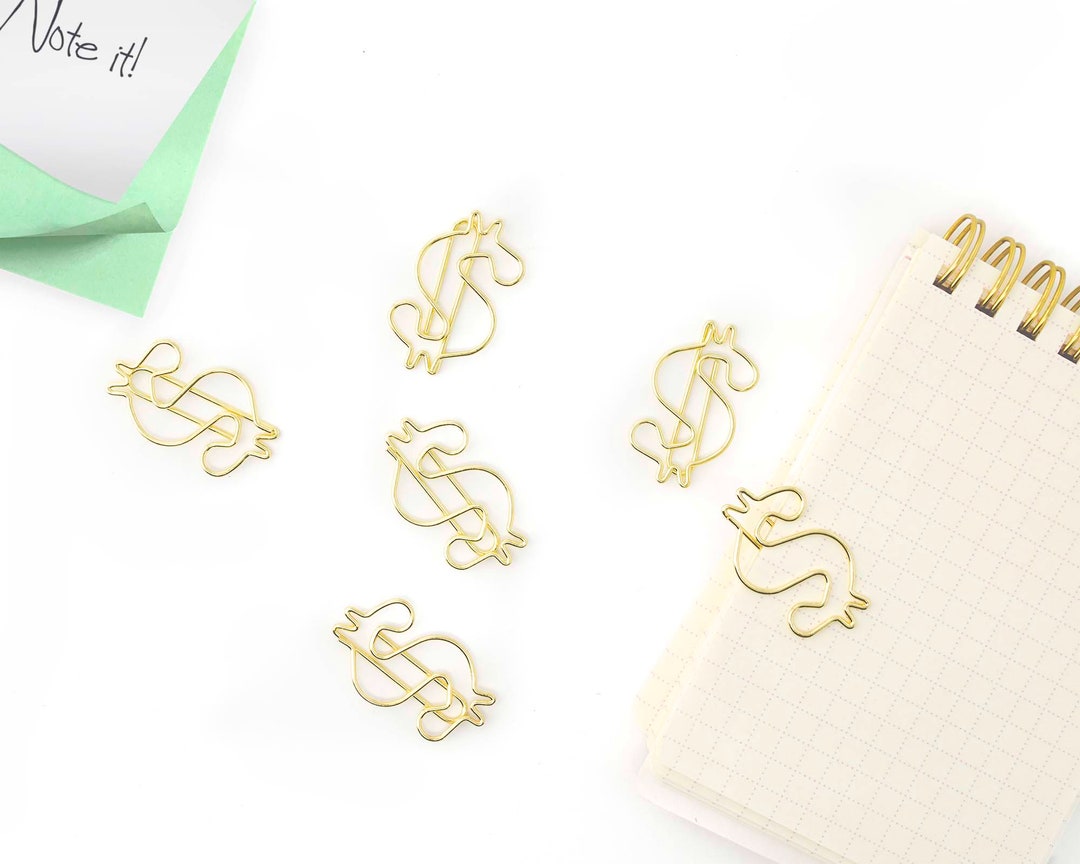 6 Dollar Sign Shaped Paperclips, Decorative Gold Colored Paper Clips