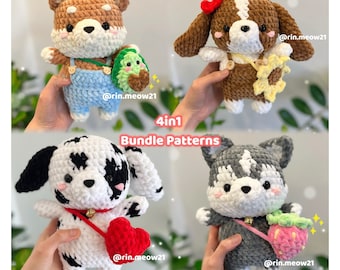 May include: Four crochet amigurumi dog patterns. The dogs are a brown Shiba Inu with an avocado, a brown and white spaniel with a yellow star, a black and white dalmatian with a red heart, and a gray and white husky with a pink strawberry.