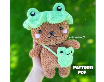 Crochet Pattern - Bear the BF, frog outfit, frog bag, chubby bear, soft plush, bear plush, cute, kawaii, squishmallow, adorable, handmade