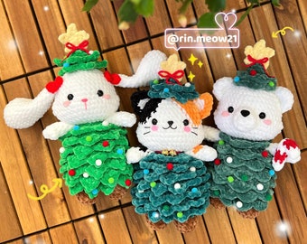 Crochet Pattern - Animal in Christmas Tree BIG, bunny, bear, calico cat, xmas