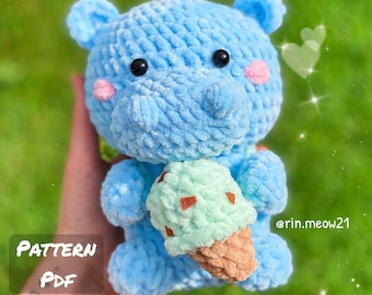 Crochet Pattern - Hippo Ice cream, chubby, stuffed animal, cute hippo, plush, toy, kawaii, ice cream, amigurumi hippo