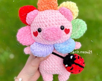Patrón de ganchillo: cerdo de flor de amor, cerdo gordito, cerdito, squishmallow, peluche, peluche, hecho a mano, cerdo lindo, flor de arco iris