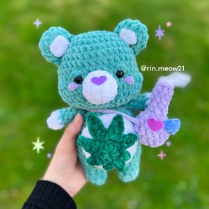 Crochet Pattern Hihi the Bear, smoking bear, green bear, cute, kawaii bear image 1