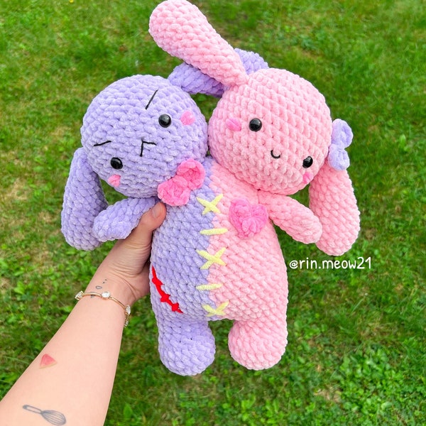Crochet Pattern - Peluche à deux têtes, lapin, ours, halloween, kawaii, mignon, fait à la main, peluche,