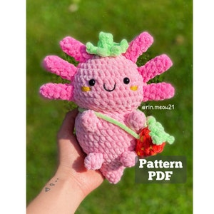 Crochet Pattern - Strawberry Axolotl, amigurumi axolotl, chubby axolotl, pink axolotl, strawberry, plush, axolotl