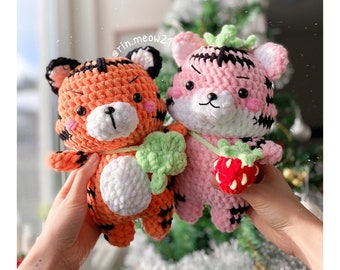 2in1 Crochet Pattern - Tiger the couple, chubby tiger, strawberry tiger, plushie tiger, handmade, amigurumi, soft toy, valentine plushie