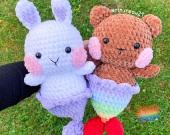 2in1 Crochet Pattern - Chubby Bunny and Bear Mermaid, cute, kawaii, pdf pattern