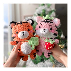 2in1 Crochet Pattern - Tiger the couple, chubby tiger, strawberry tiger, plushie tiger, handmade, amigurumi, soft toy, valentine plushie