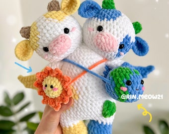 Crochet Pattern - Two head Cow, Earth and Sun moo, Good and Bad moo, cute milky chubby cow two head