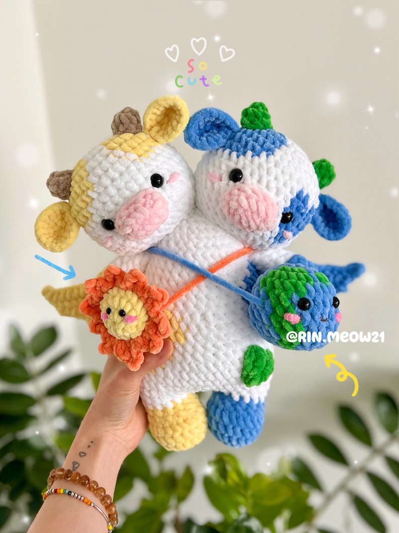 Crochet Pattern Two head Cow, Earth and Sun moo, Good and Bad moo, cute milky chubby cow two head image 1