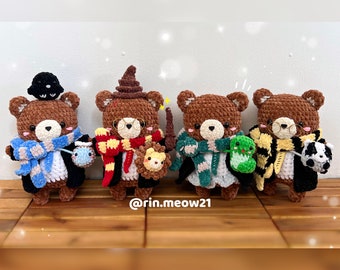 4in1 Crochet Pattern - Wizard Bear, with 10 accessories, lion, badger, snake, raven, snowy owl, tie, scarf, cloak, magic wand, bee, hat,
