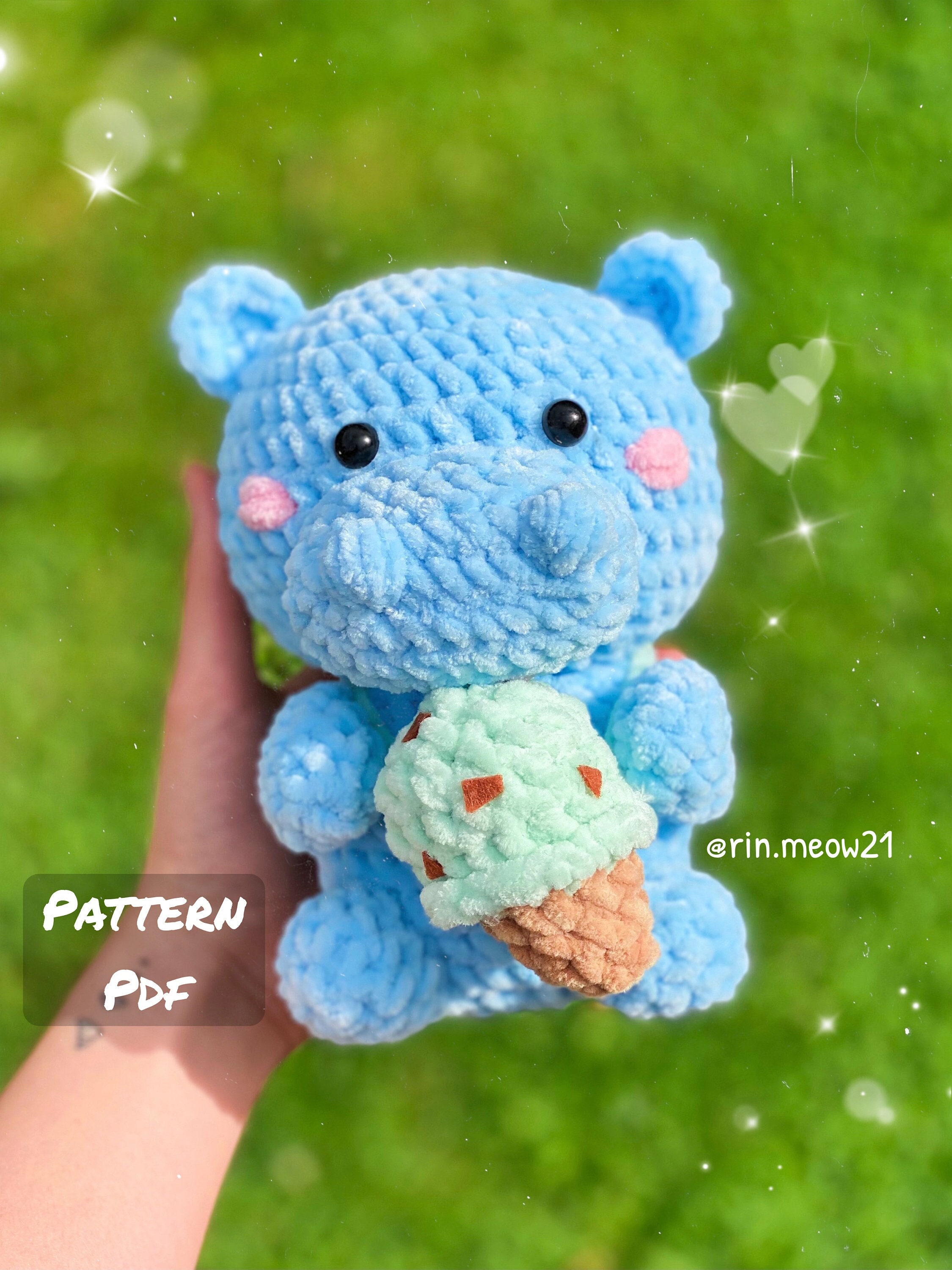 Crochet Pattern Hippo Ice Cream, Chubby, Stuffed Animal, Cute