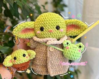 2in1 Crochet Pattern - Baby Alien, with a light sword, frog buddy, and cute mini keychain version