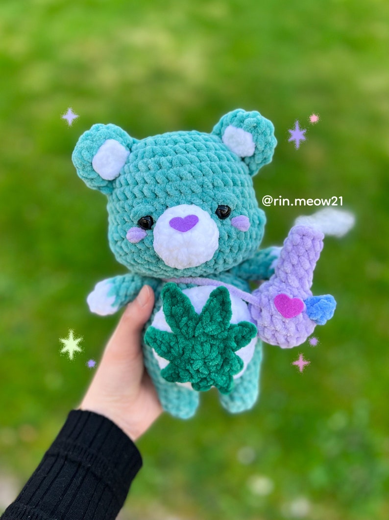 Crochet Pattern Hihi the Bear, smoking bear, green bear, cute, kawaii bear image 1
