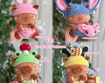4in1 Crochet Pattern - Capybara in animals outfit, bunny, frog, stitch, bee, with cute accessories