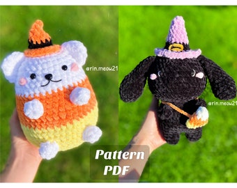 Paquete 2 patrones de crochet - Candy corn Bear vs Witchy Bunny, Halloween, amigurumi, felpa, squishmallow, conejito oso kawaii, juguetes hechos a mano