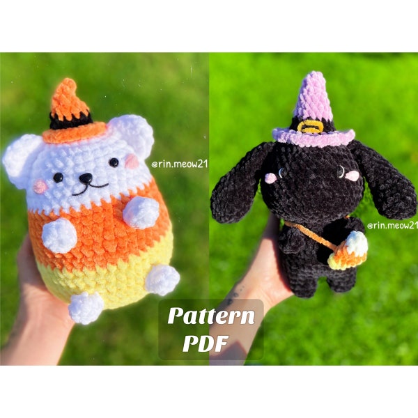 Bundle 2 crochet patterns - Candy corn Bear vs Witchy Bunny, Halloween, amigurumi, plush, squishmallow, kawaii bear bunny, handmade toys