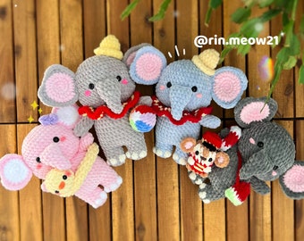 Crochet Pattern - Elephant family with many cute accessories and sidekick mouse