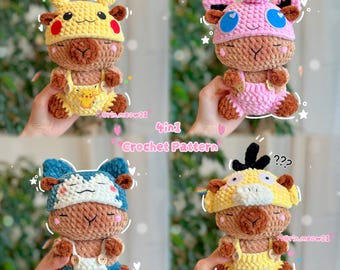 4in1 Crochet Pattern - Capybara in monsters outfit, beanie, and overalls
