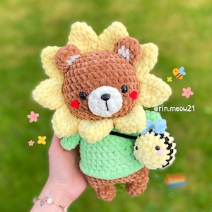 Häkelanleitung - Sonnenblumen Bär, pummeliger Bär, süß, squishmallow, Kuscheltier, handgemacht, kawaii, Blume, Häkelmuster