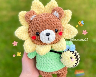 Crochet Pattern - Sunflower bear, chubby bear, cute, squishmallow, plushie, soft toy, handmade, kawaii, flower, amigurumi