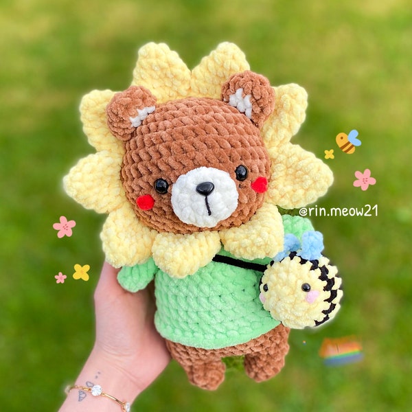 Crochet Pattern - Ours tournesol, ours potelé, mignon, squishmallow, peluche, peluche, fait main, kawaii, fleur, amigurumi