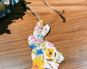 Handmade floral vintage clay Easter bunny chic tree gift tag hanging decoration present for him for her