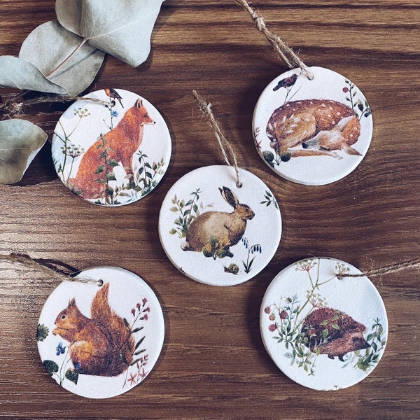 Handmade woodland hanging decorations gift tags easter tree