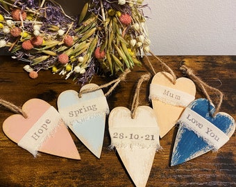 Handmade rustic wooden personalised heart decorations