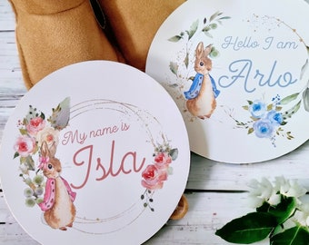 Baby name announcement sign, Hello world disc, Peter Rabbit pregnancy reveal, new born photo props