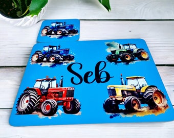 Tractor placemat and coaster set for kids, Boys birthday gift ideas, Personalised children's dinner mat, Tractor theme