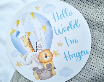 Hot air balloon Baby name announcement sign, Hello world disc, Safari animals pregnancy reveal, new born photo props