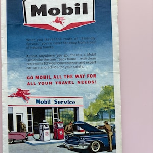 Vintage 1963 Mobil Oil Ad Map – “Friendly Service” NY Dealers | Mid-Century Travel Advertisement | Americana Gas Station Art