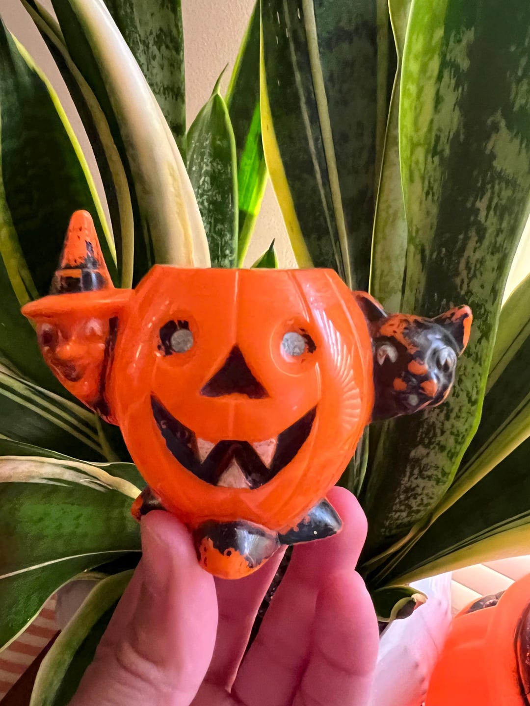 Vintage Halloween Rosbro Plastic Witch Jack O Lantern Black Cat Lolipop ...