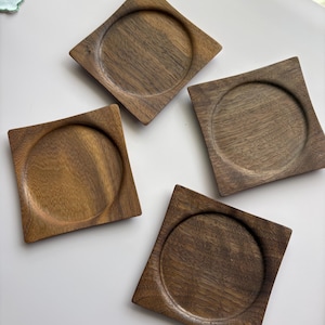 Set of 4 Vtg MCM Danish Style Mod Teak Glass Coasters Barware
