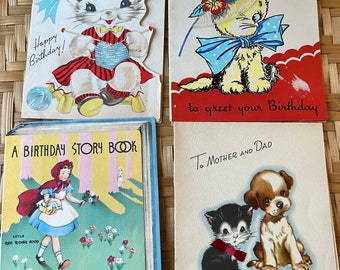 Vintage Greeting Card Lot Birthday Cats Dogs Story Book