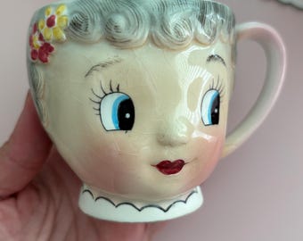 Vintage PY Japan Lady Head Kitschy Ceramic Mug | Cute Retro