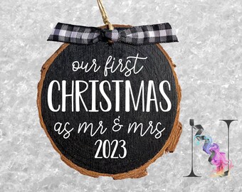 First Christmas Mr & Mrs Ornament 2024: Rustic Wood Slice Gift