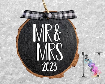 Mr & Mrs Wood Slice Ornament 2024: Rustic First Christmas