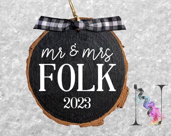 Personalized Mr & Mrs Wood Slice Ornament: Farmhouse Style